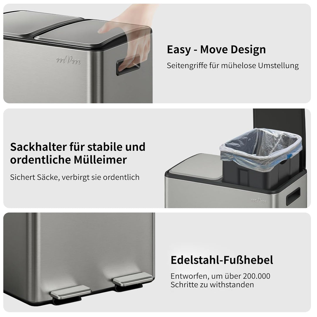 mVm Mülleimer Küche,40 Liter Treteimer,2 x 20 Liter Treteimer, 2 Fächer, Mülltrennsystem, Abfalleime