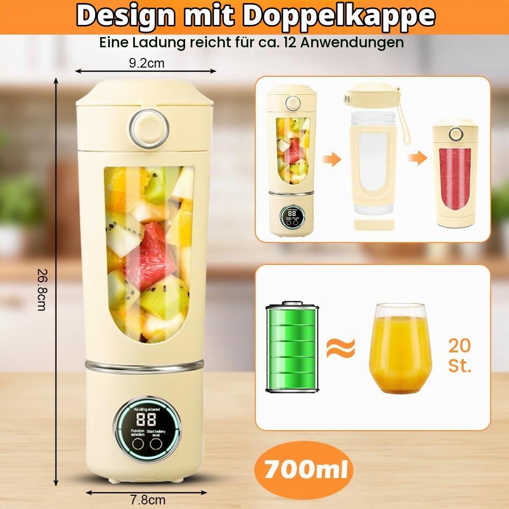 700 ml Tragbarer Mixer, Wiederaufladbarer Kleiner Entsafter, Smoothie Maker mit 12 Rostfreien Klinge