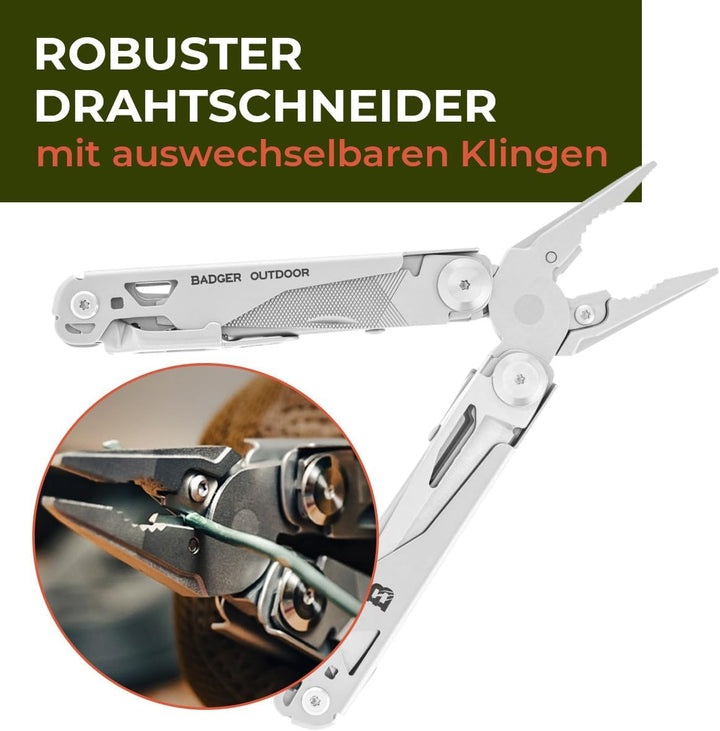 Badger Outdoor Solid Multitool 16in1, Edelstahl Taschenmesser Set Silber, Silber