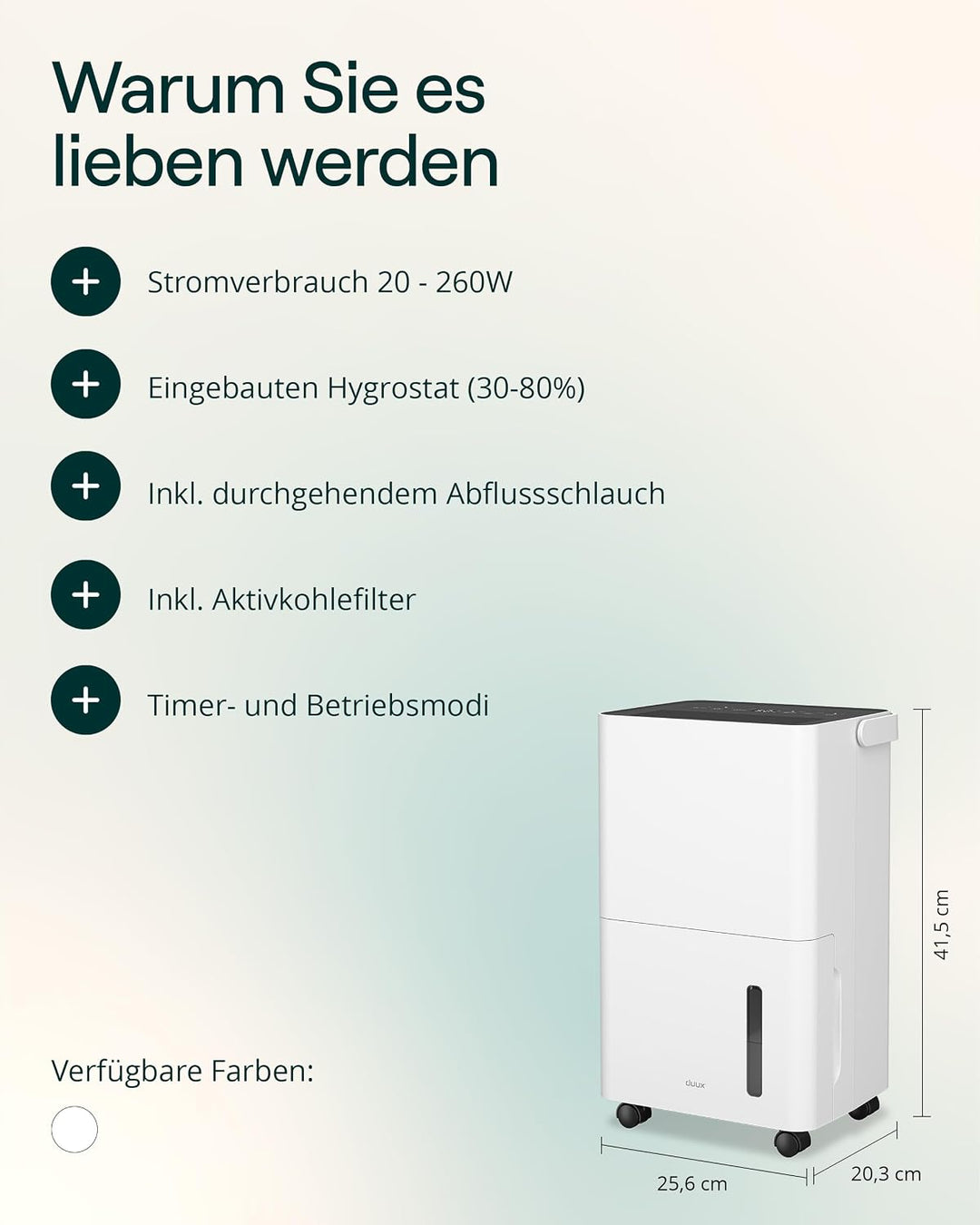 Duux Bora Luftentfeuchter – Entfeuchtet 12 L/Tag – 1,7 Liter Wassertank – Luftentfeuchter mit Hygros