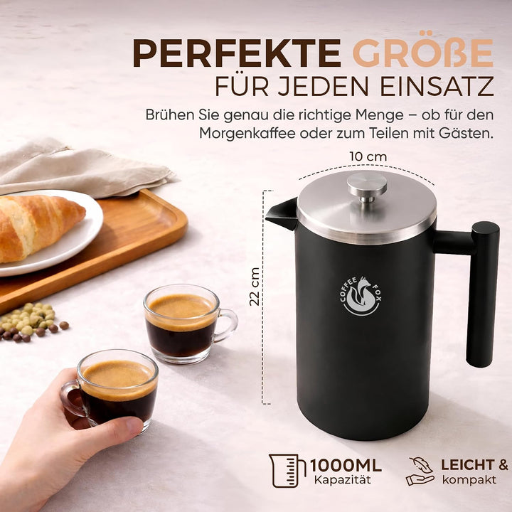 French Press Kaffeekanne aus doppelwandigem Edelstahl Schwarze Pressfilterkanne Französische