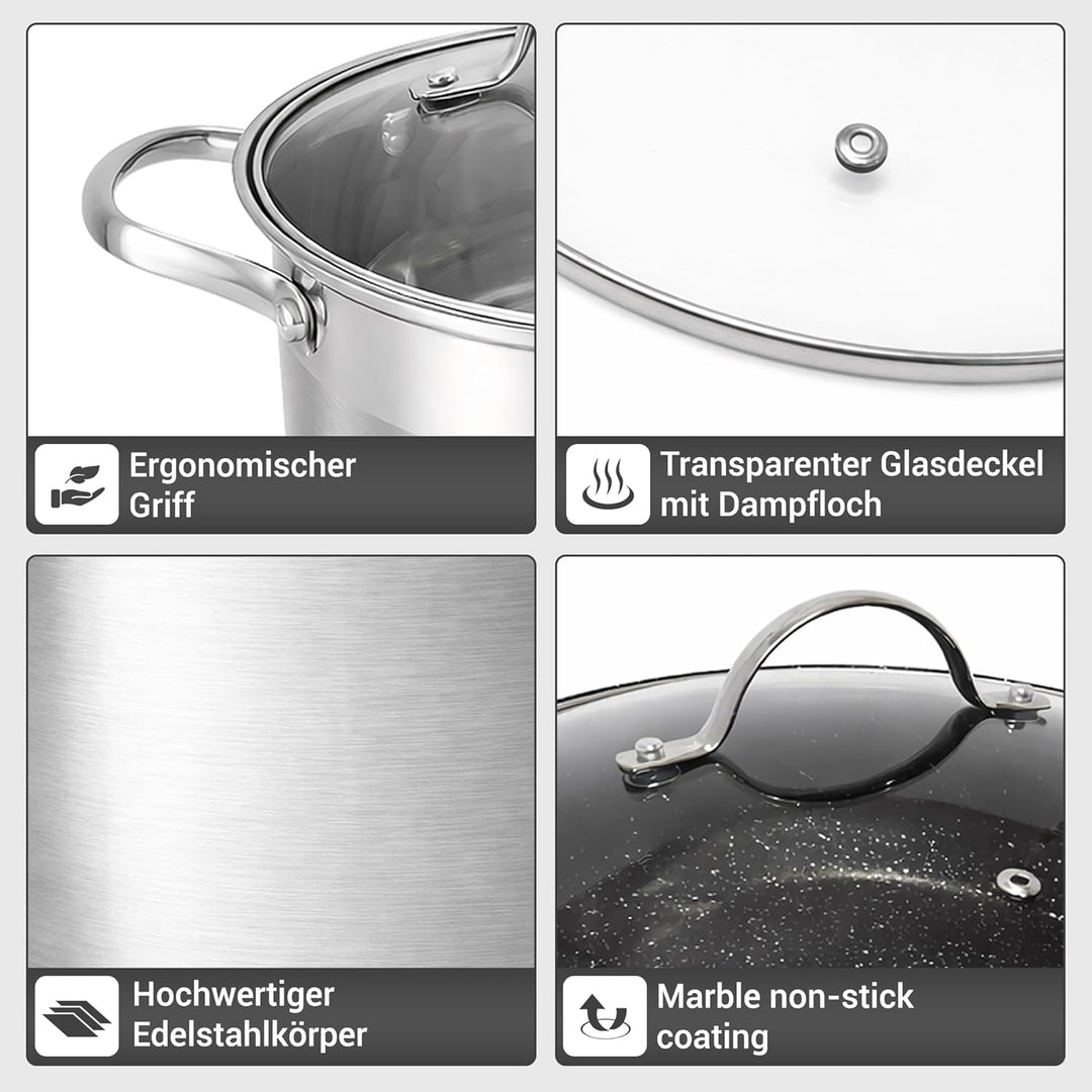 Edelstahl Kochtopf Set 12-teilig mit Glasdeckel – Induktionsgeeignetes Topfset – Spülmaschinenfest &amp;