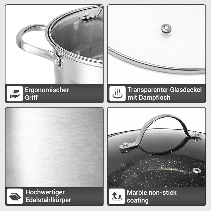 Edelstahl Kochtopf Set 12-teilig mit Glasdeckel – Induktionsgeeignetes Topfset – Spülmaschinenfest &amp;
