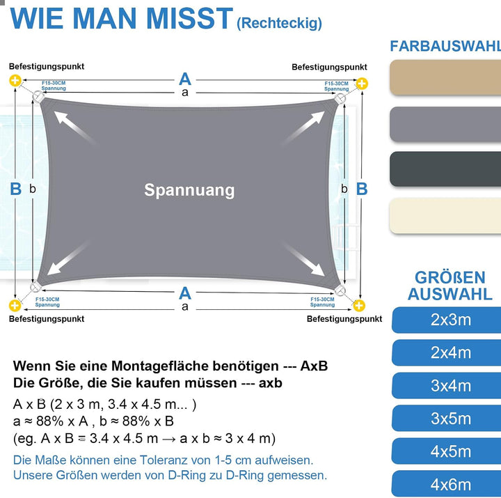 3x4m Sonnensegel Rechteckig Wasserdicht Sonnenschutz, Hellgrau Hellgrau 3x4m, Hellgrau 3x4m