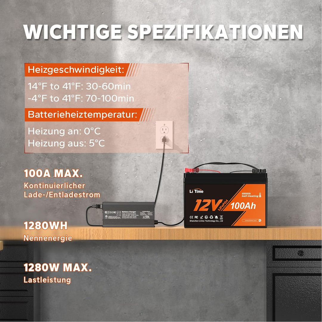 LiTime 12V 100Ah LiFePO4 Batterie mit Selbstheizung für Wohnmobil und Solar