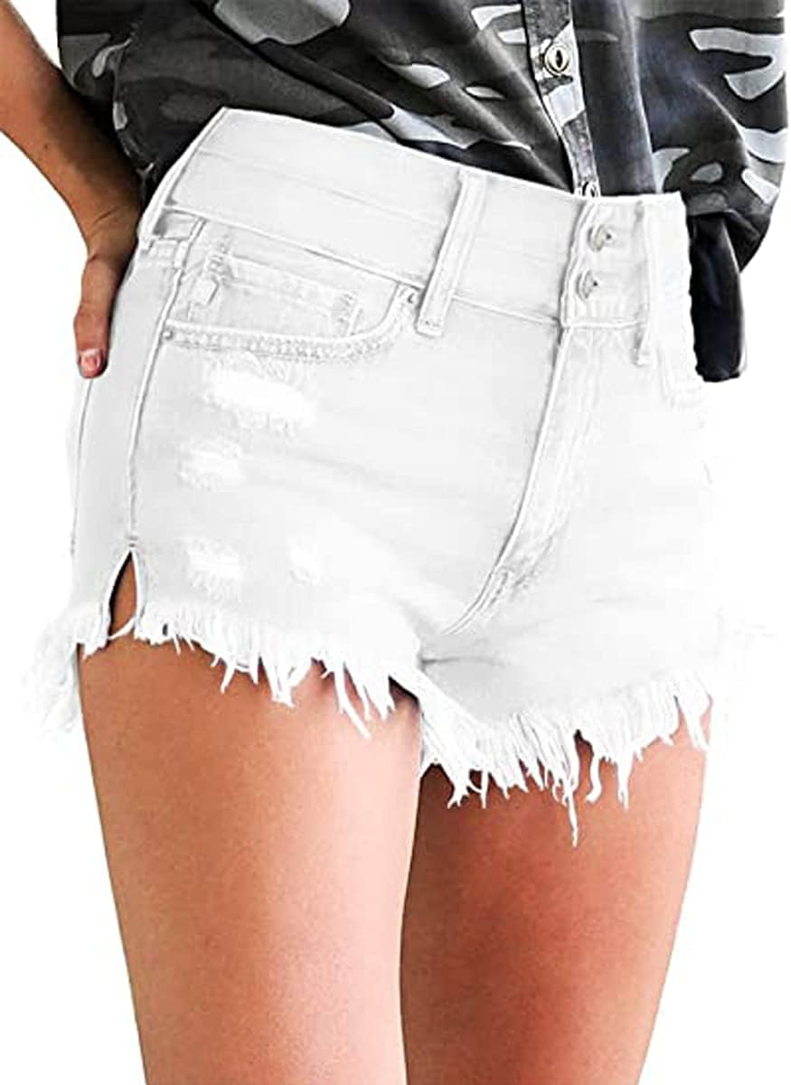 Necooer Damen Casual Ripped Denim Shorts Mittlere Taille Kurze Jeanshose mit Taschen M Weiss 02, M W