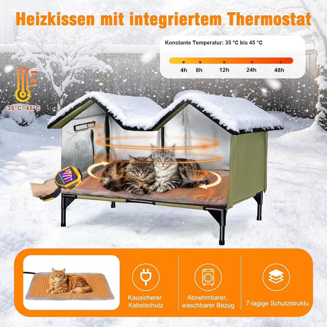 Beheiztes Katzenhaus Outdoor Winterfest, extra grosses isoliertes Katzenhaus für draussen mit Heizpo