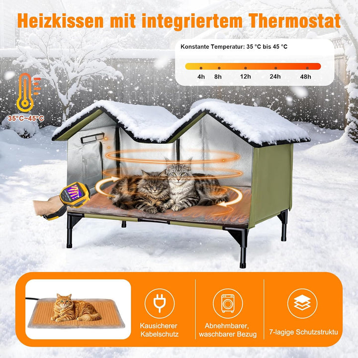 Beheiztes Katzenhaus Outdoor Winterfest, extra grosses isoliertes Katzenhaus für draussen mit Heizpo