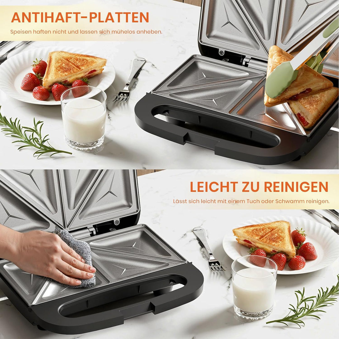 Sandwichmaker 750W mit Antihaftbeschichtung für 2 Sandwiches Automatischer Temperaturregelung Cool T