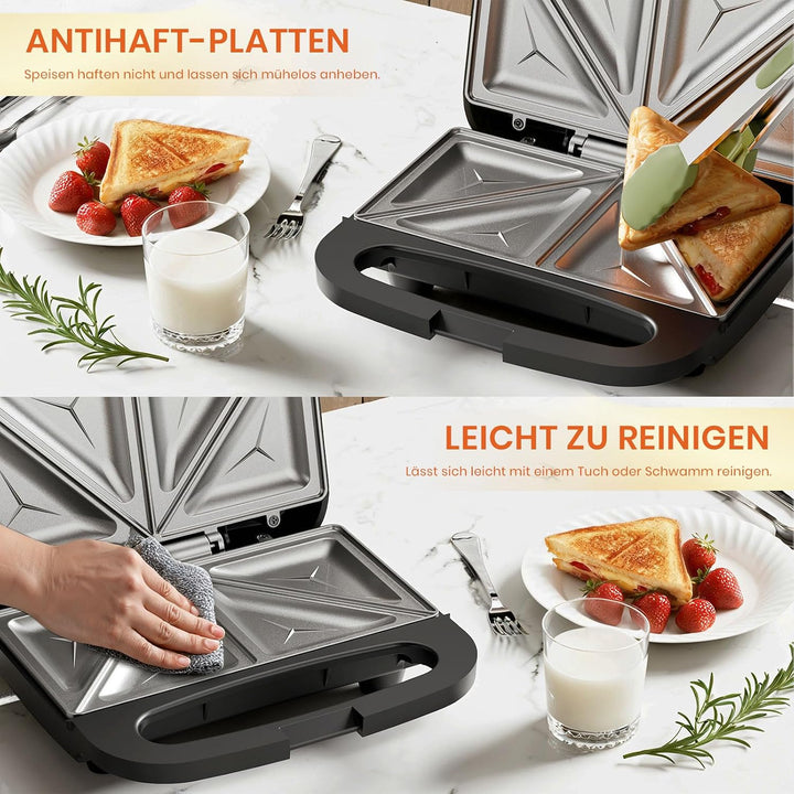 Sandwichmaker 750W mit Antihaftbeschichtung für 2 Sandwiches Automatischer Temperaturregelung Cool T