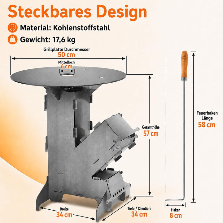 Peviasot Raketenofen mit Grillplatte und Feuerhaken Rocket Stove Outdoor 2 zusätzlichen Standfüssen