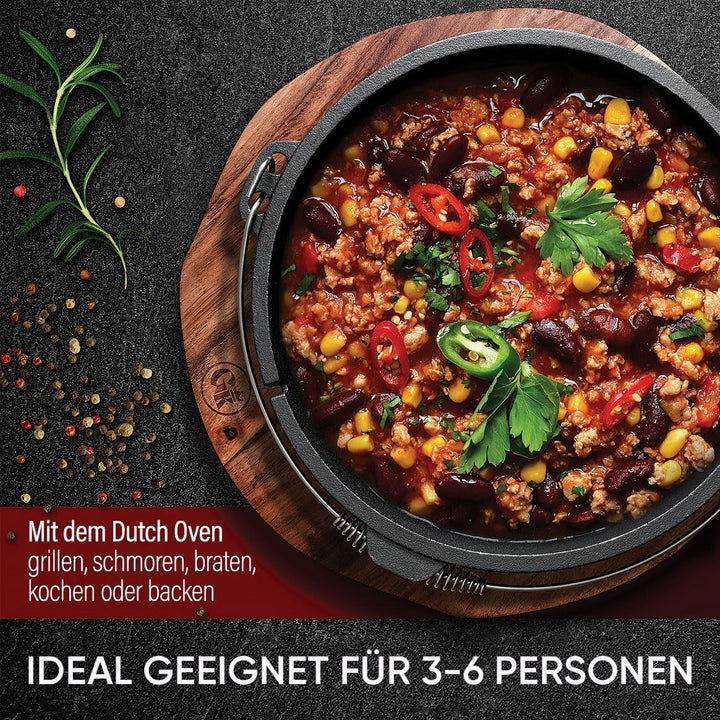 Dutch Oven Set [7L] - Eingebrannter Feuertopf mit praktischem Deckelheber und Füssen, 7 Liter