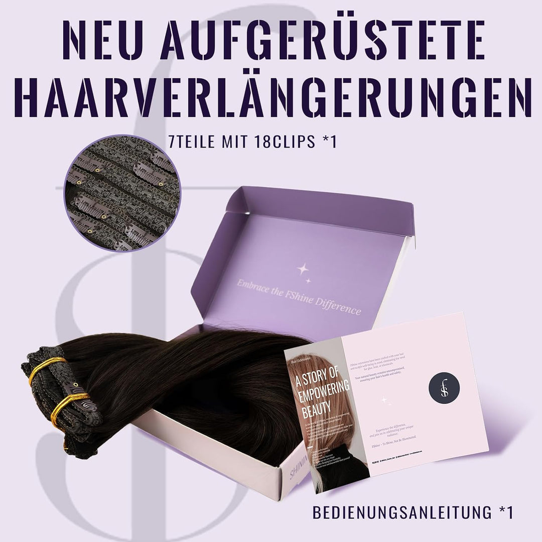 Fshine Echthaar Extensions Clip 45cm Dunkelstes Braun 120 Gramm Doppelt Tressen Haarverlängerung Rem
