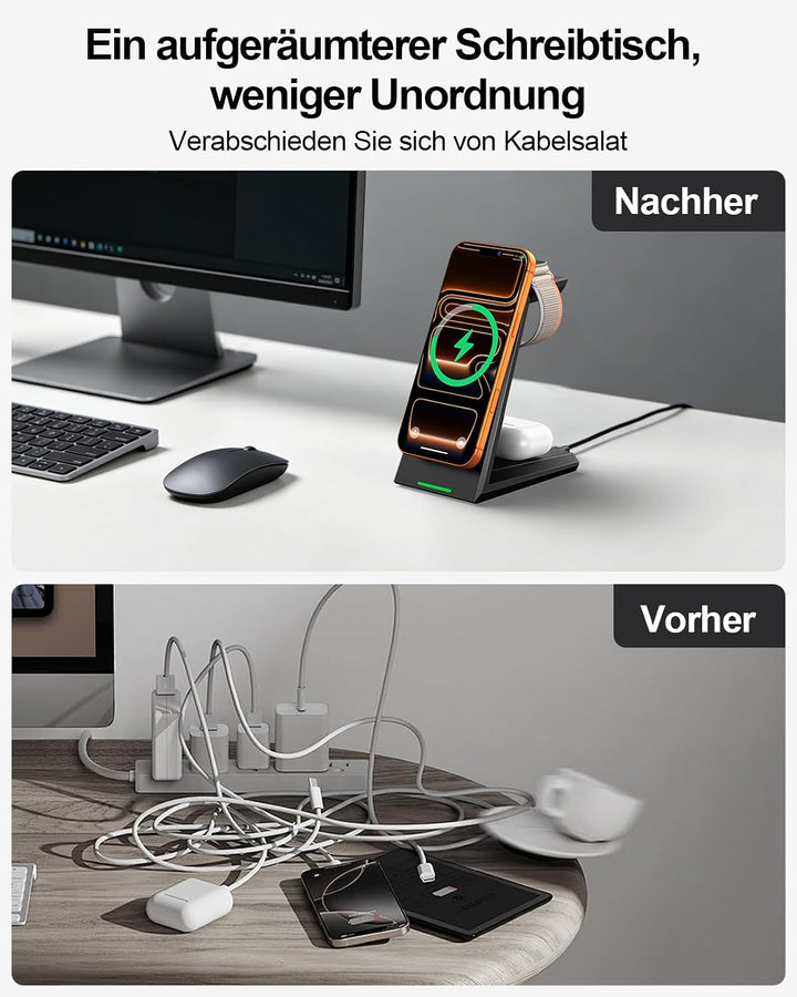 ADADPU 3-in-1 Ladestation, mit MagSafe kompatibel, 30-W-Netzteil, Schwarz, Schwarz