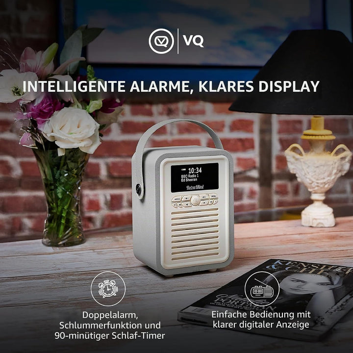VQ Retro Mini DAB/DAB+ Digital- und FM-Radio mit Bluetooth und Weckfunktion - Hellgrau