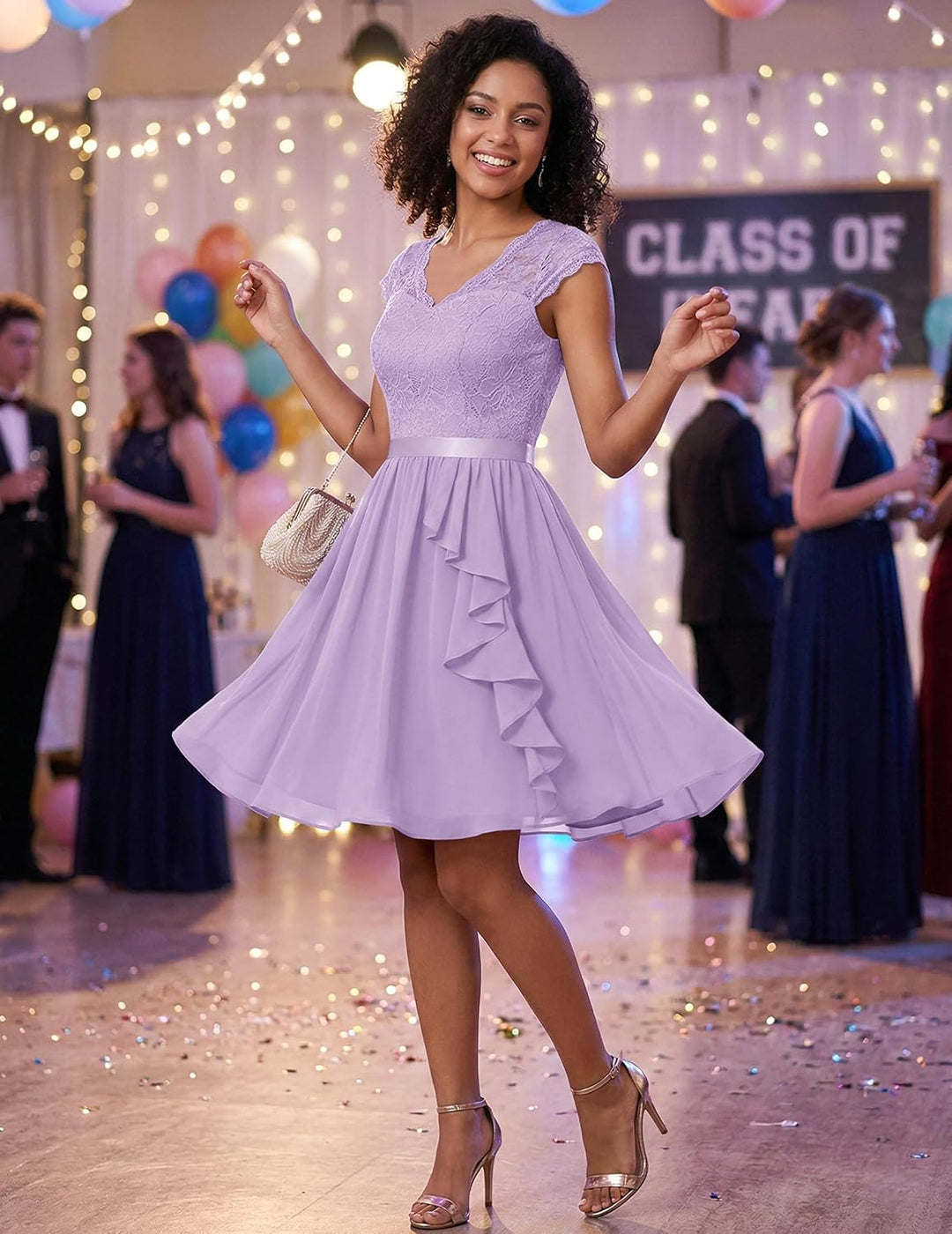 Wedtrend Cocktailkleid Damen Knielang Abendkleid Elegant für Hochzeit Elegant A Linie Rüschenkleid L