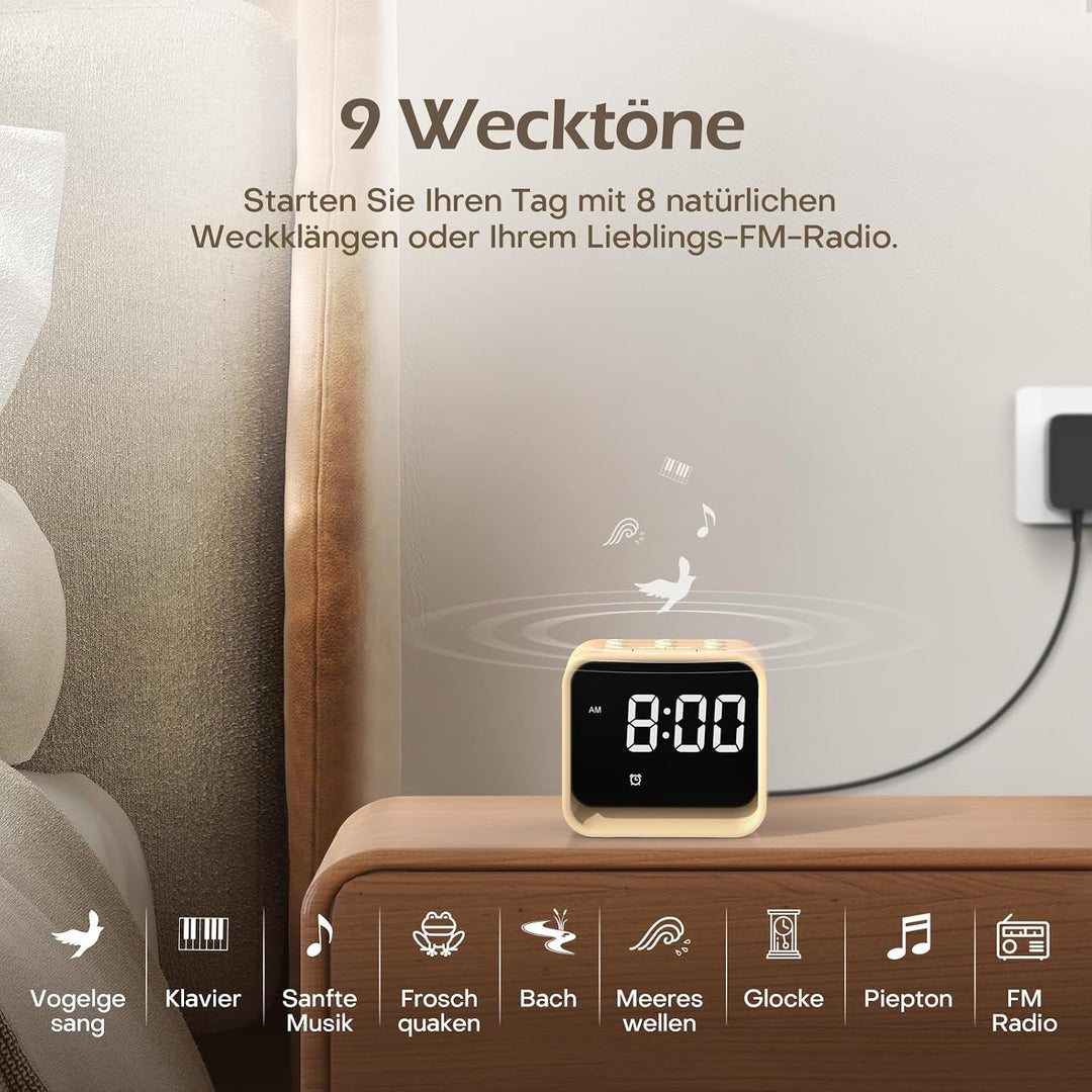 REACHER Radiowecker für das Schlafzimmer, Digitale FM Radiouhr mit Weissrausch-Soundmaschine, 9 Alar