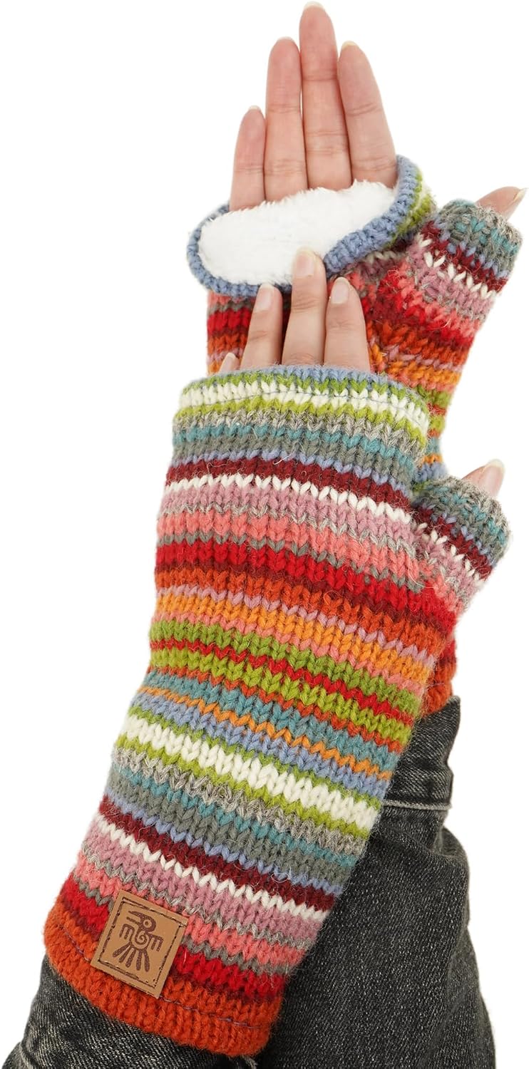 Damen Wolle Handwärmer Sherpa Fleece gefüttert Handgestrickt Mehrfarbig Streifen Einheitsgrösse Hand