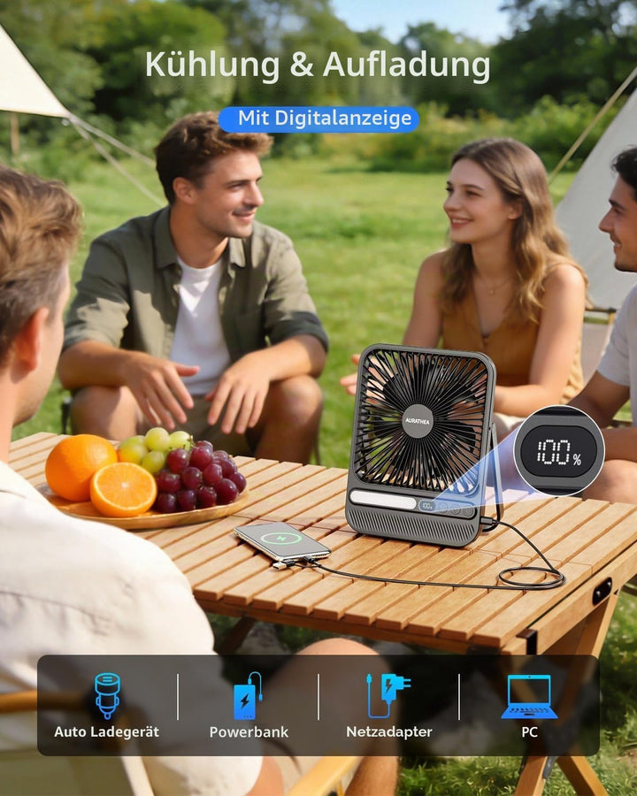 10000mAh USB Ventilator, Ultraflach Tragbarer Tischventilator, Akku Camping Ventilator mit LED-Licht