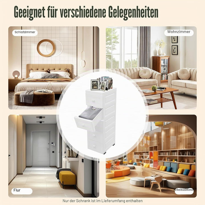 Schubladenschrank mit Rädern, 5-Schubladen Schmale Schubladenschrank aus PP Kunststoff, Wasserdicht