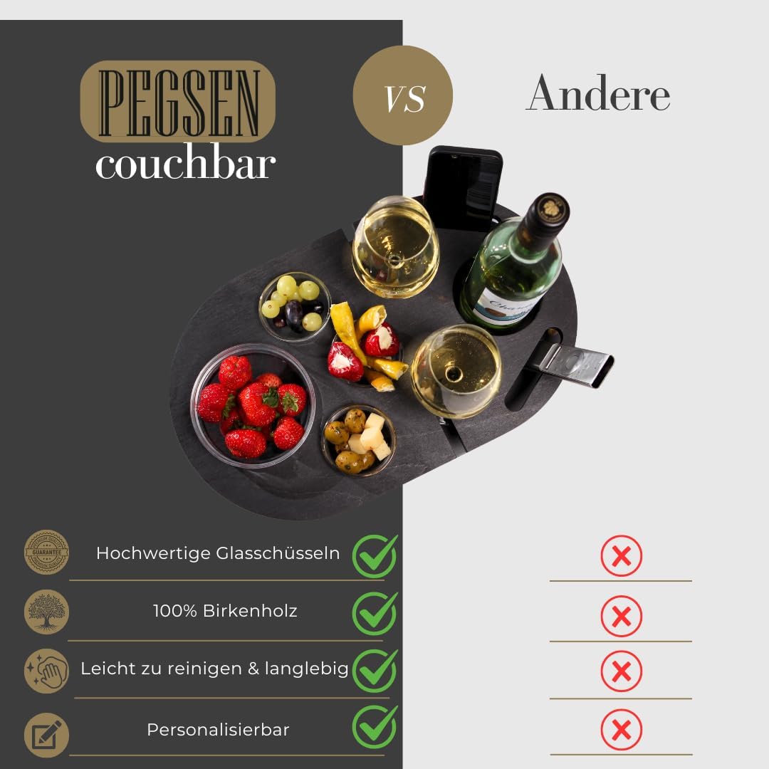 Couchbar Weinbar in schwarz mit 4 Glasschalen | PERSONALISIERBAR | Snackbox für Wein mit Getränkehal