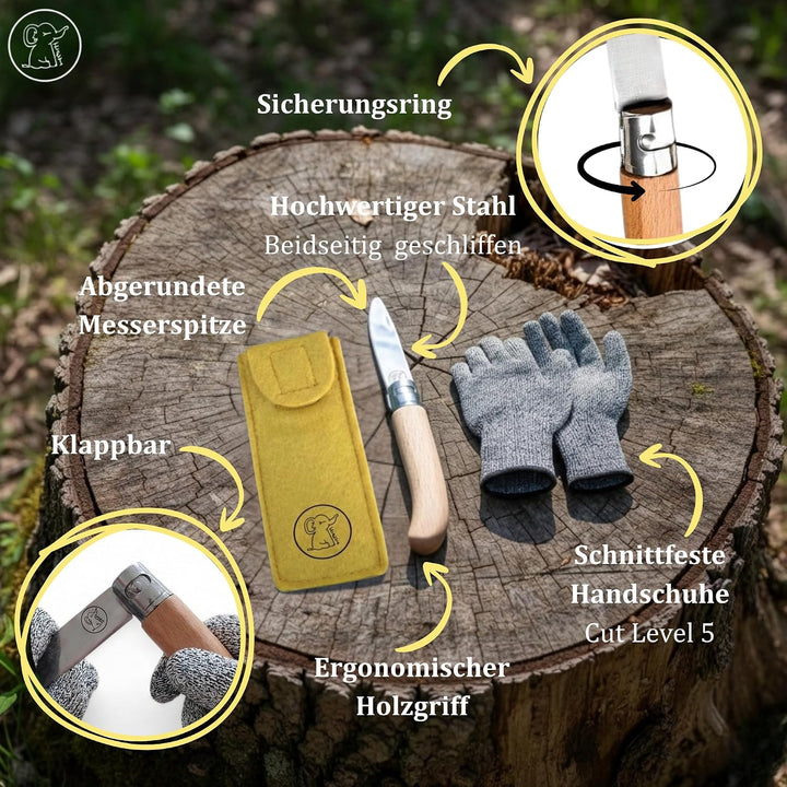 Eli® Schnitzmesser für Kinder mit Filztasche ab 6 Jahre inkl. Handschuhe gelb, gelb