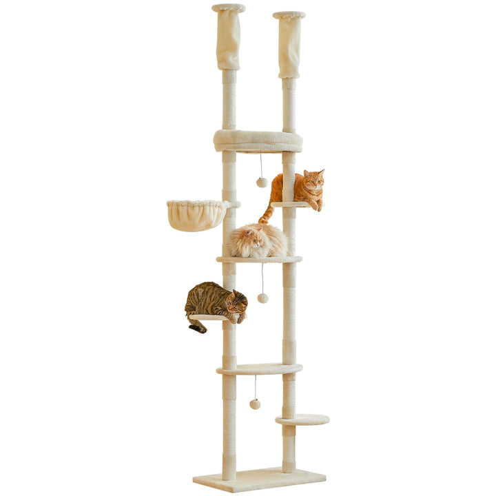 Deckenhoher Katzenbaum 234-259 cm höhenverstellbar, 2-Säulen-Design mit 12 Sisal-Pfosten, mehrstöcki