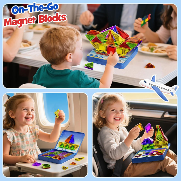 Magnetische Bausteine für Kinder 60pcs Magnetbausteine STEM Magnetische Tiles mit tragbarer Stahlbox