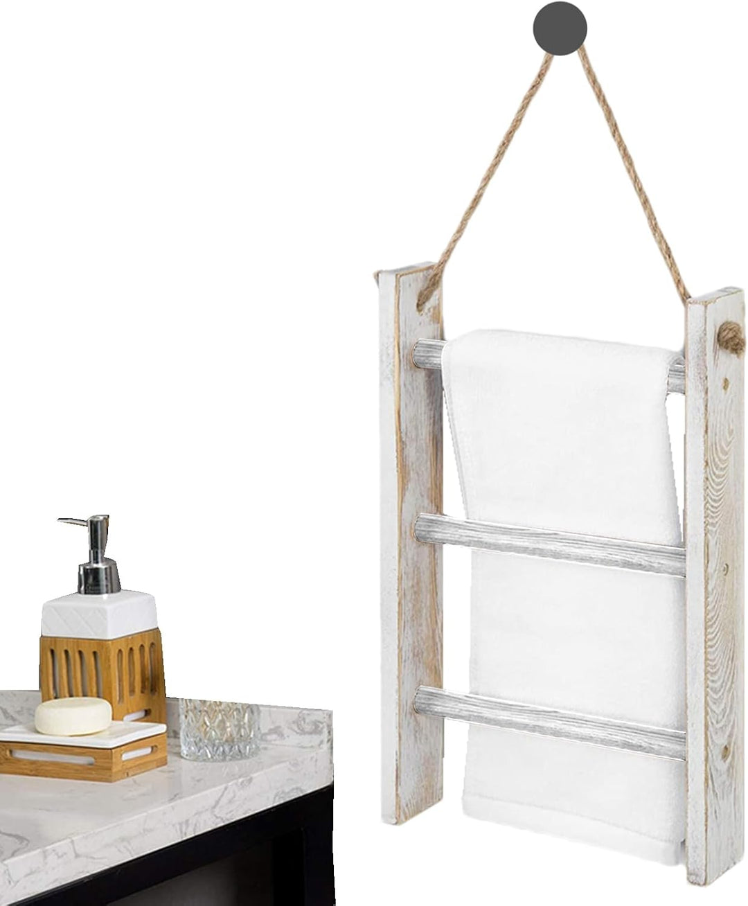 Leiter für Decken, 3-stöckiger Handtuchhalter, Wandmontage, Handtuchleiter mit Seil, dekorativ, Bade