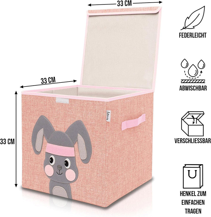 Aufbewahrungsbox mit Deckel im 2er Set Hase und Katze I Doppelpack Spielzeugbox mit Tiermotiv passen