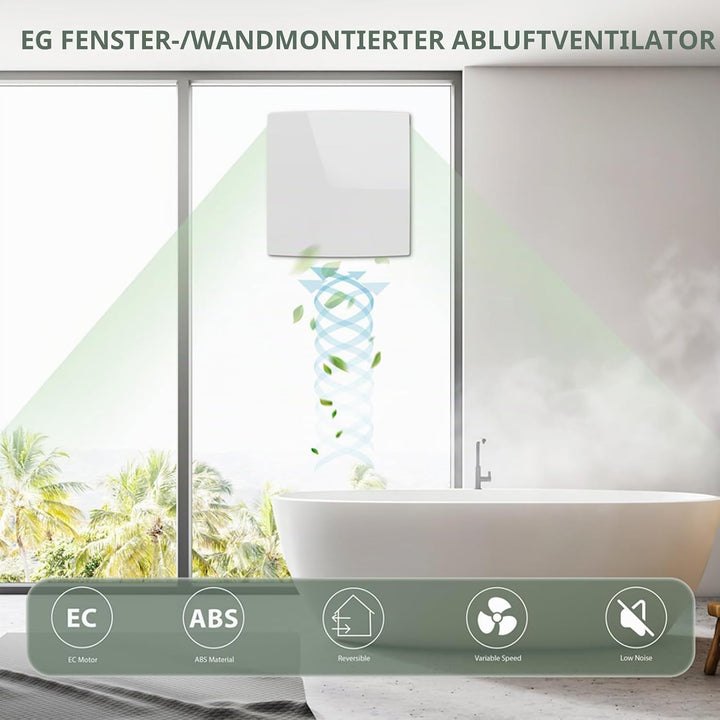 Abluftventilator 100 mm (4 Zoll) – bidirektionaler EC-Motor (10 W), 70-Sek.-Auto-Zyklus, Fernbedienu