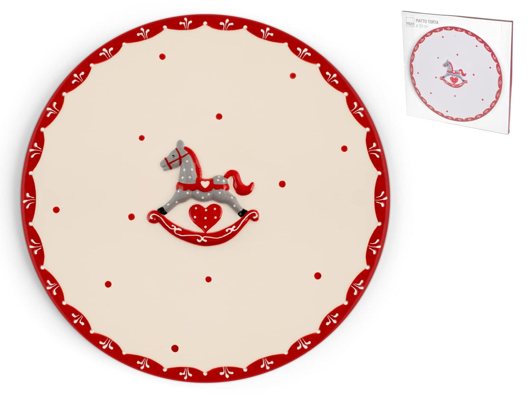 H&amp;H Cavallino Kuchenplatte rund, Keramik, Weiss und Rot