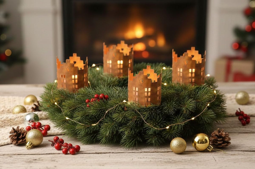LB H&amp;F 4er Set Adventskranzstecker HÄUSER Deko Kerzenhalter Advent Rost Metall Weihnachten KERZENSTE
