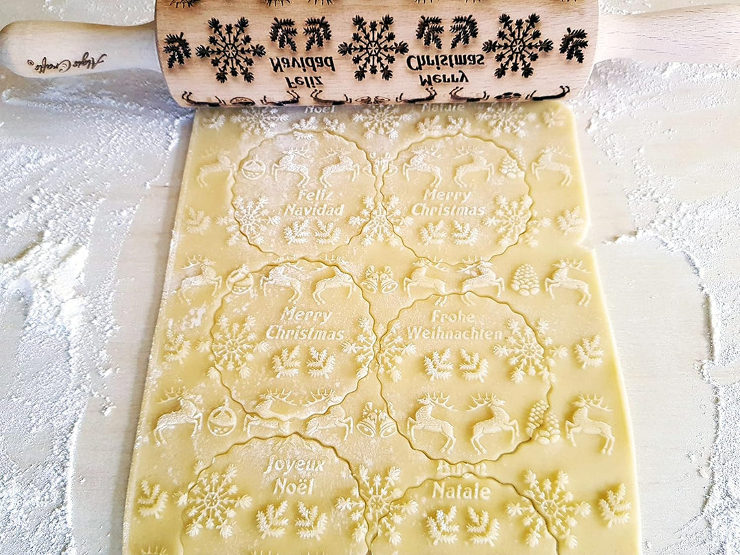 FROHE WEIHNACHTEN Nudelholz mit Muster Weihnachten Backen - Teigroller Holz für DIY Weihnachten Plät