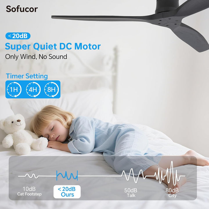 Sofucor Smart Deckenventilator mit Alexa/APP, 132cm Massivholz Deckenventilator mit Fernbedienung, W