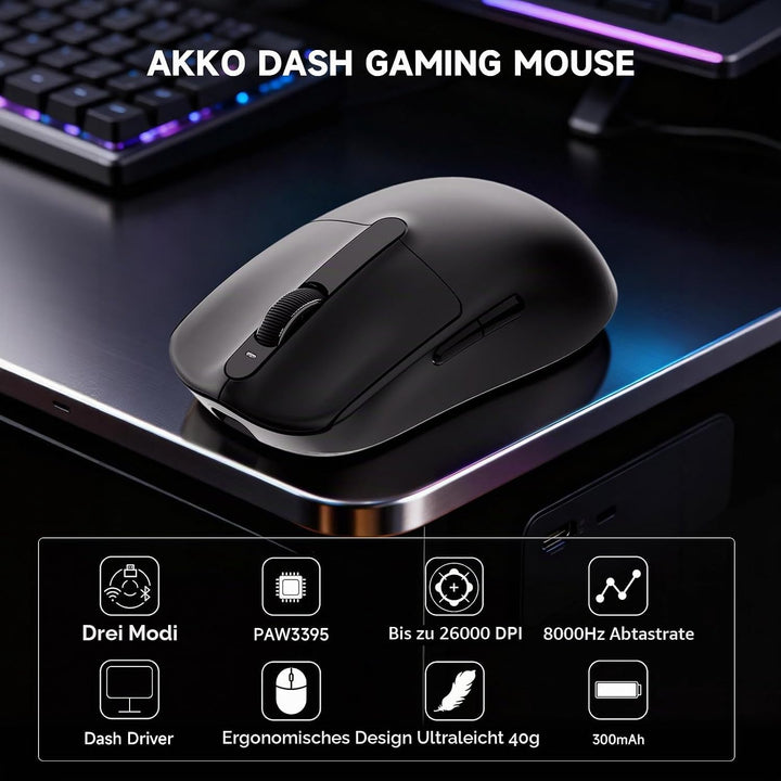 Akko Dash Max kabellose Gaming-Maus, 40g ultraleichte, PAW3395-Gaming-Sensor, kabellose (Bluetooth/2
