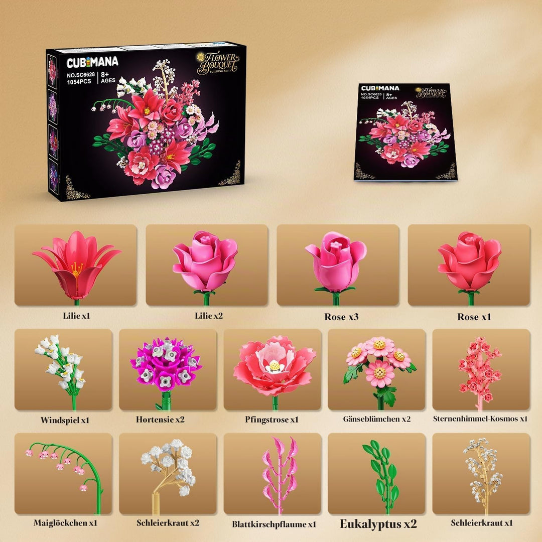 CUBIMANA 21 Blumen Blumenstrauss Bauset mit Licht für Erwachsene Mädche 12+ Rosa, Rosa