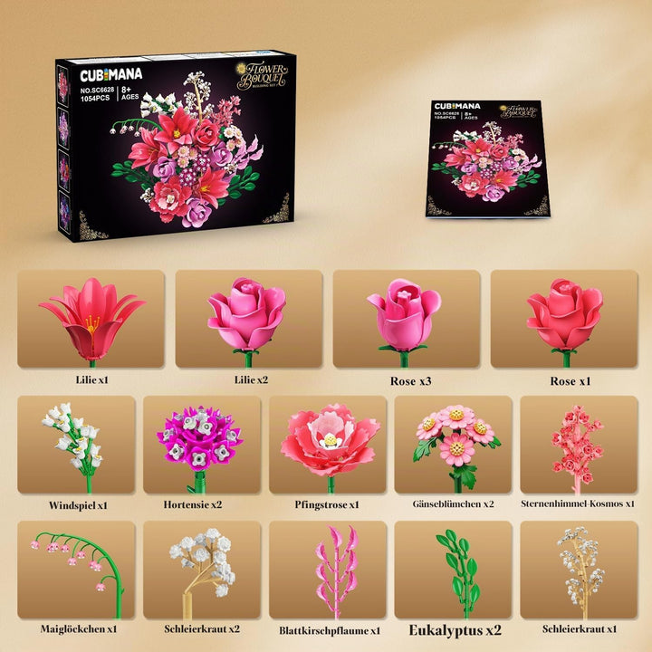 CUBIMANA 21 Blumen Blumenstrauss Bauset mit Licht für Erwachsene Mädche 12+ Rosa, Rosa