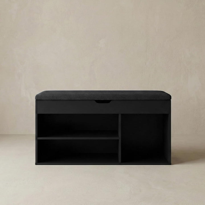 BOXIMO TRIA Schuhschrank mit Sitzbank, MDF und Polyester, 80 x 43 x 30 cm (Schwarz), Schwarz