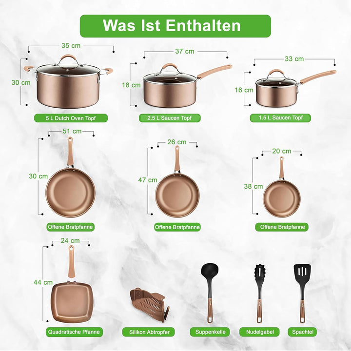 NutriChef Topfset Induktion, Pfannenset 14-teilig, Antihaftbeschichtet, Töpfe &amp; Pfannen PFOA/PFOS-fr