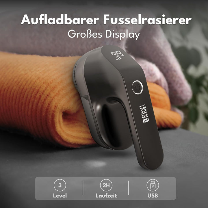 LEBENLANG Fusselrasierer Elektrisch 2000mAh - Inkl. LED Anzeige &amp; Reinigungspinsel I Bis zu 2h Laufz