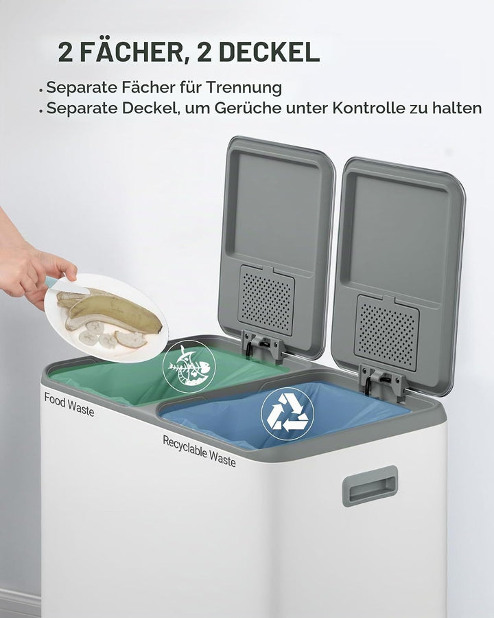Hzuaneri Mülleimer Küche, Mülltrennsystem 2 Fächer 60 L (2 x 30 L), Edelstahl-küchenmülleimer, Tretm