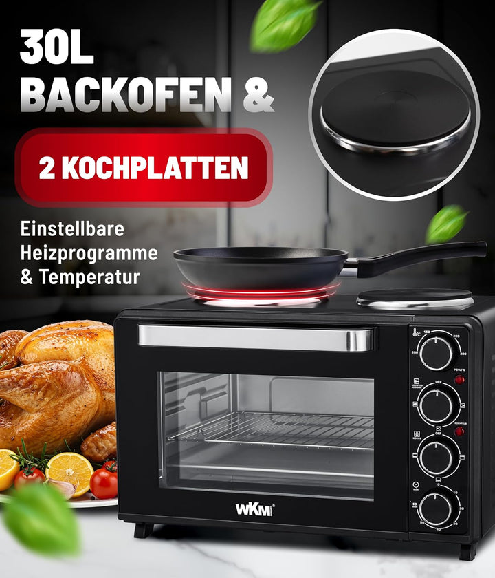 WKM Mini Backofen mit Kochplatten Schwarz 30L