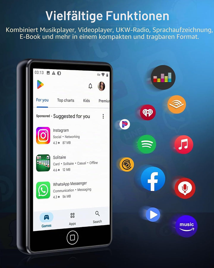 MP3 Player Spotify mit Bluetooth &amp; WLAN, 4,02 Zoll Touchscreen Musik Player