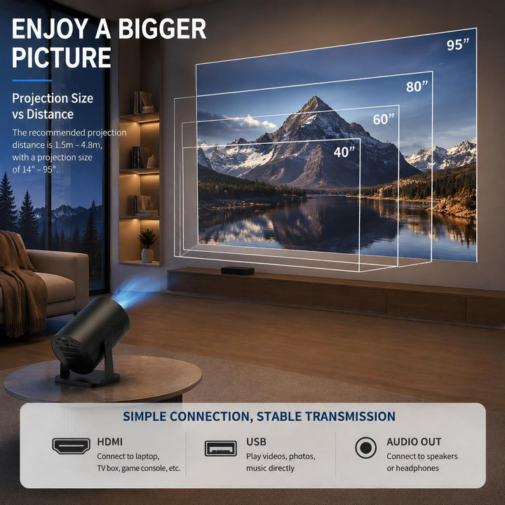 Mini Beamer, Tragbarer HD 1080P Heimkino Projektor mit HDMI-/USB-Kabelverbindung, Manueller Fokus, 1