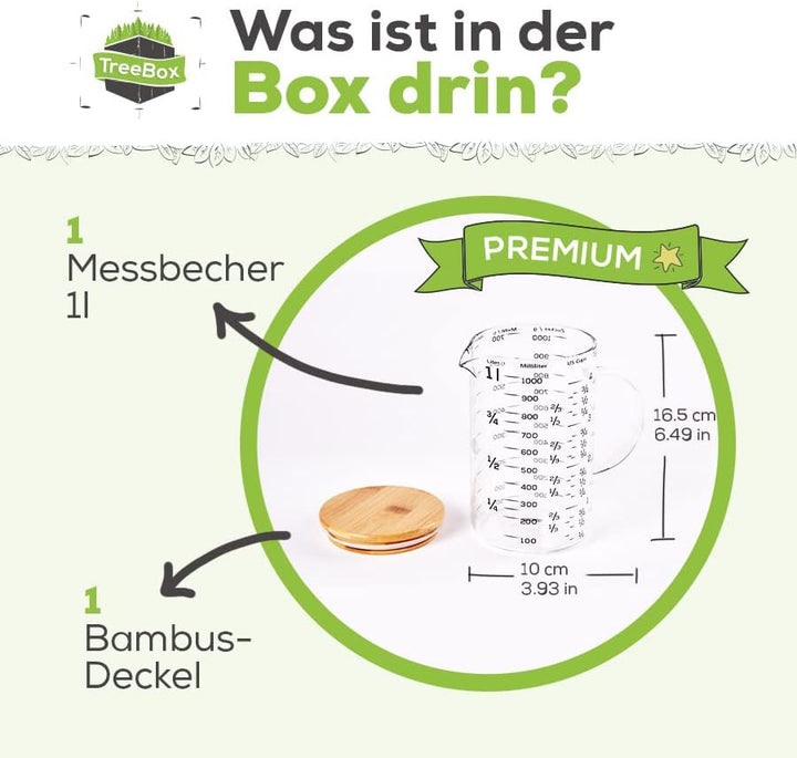 TreeBox Premium Messbecher 1l - Messbecher glas - Robuste und hitzebeständige Messbecher Set aus Bor