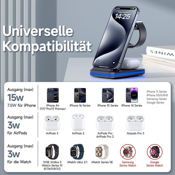 MANKIW 3 in 1 Ladestation für iPhone, iWatch und AirPods Schwarz, Schwarz