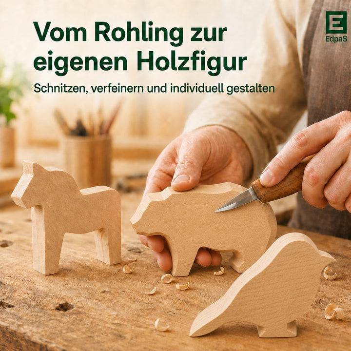 EdpaS Schnitzrohlinge gross aus Lindenholz Tierfiguren Bär Spatz und Dala Pferd - Schnitzholz, Holzr