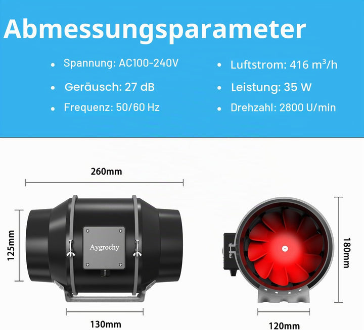 Aygrochy Rohrventilator 125mm, Rohrlüfter 416 m³/h, mit Smart Steuerung, Feuchtigkeitssensor &amp; Timer
