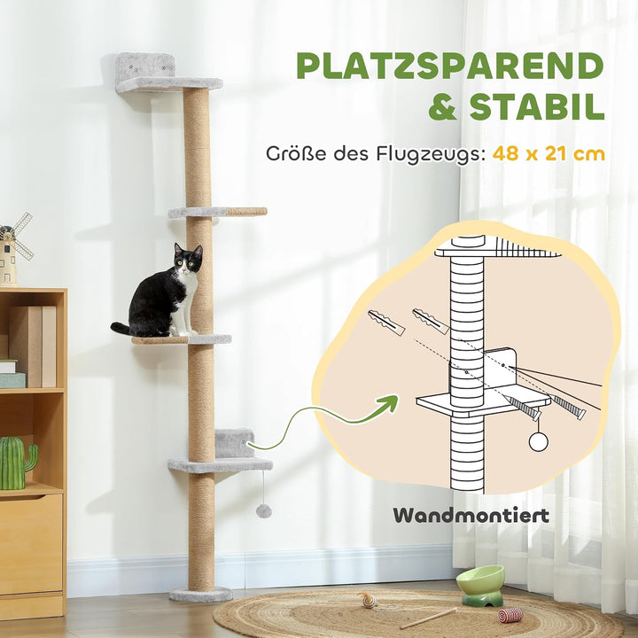 PawHut Kratzbaum Wandmontierter Katzenbaum Kratzsäulen 180 cm Hellgrau